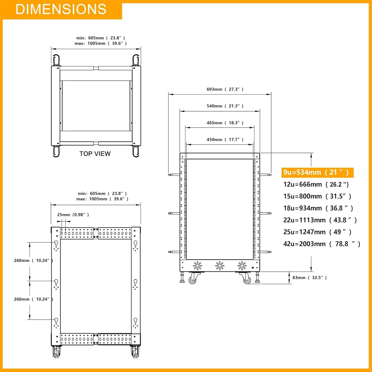 9U 19 Adjustable Depth Server Rack Support Up to 1700LBS Floor Standing 4 Post Rack with Load-Bearing Casters Universal-Hot Sale