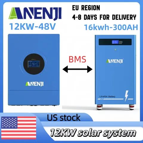 ANENJI 15kWh 51.2V 300Ah Lithium LiFePO4 Battery+12kW 48V Split Phase Inverter Off-grid Inverter for Home Backup Emergency BMS