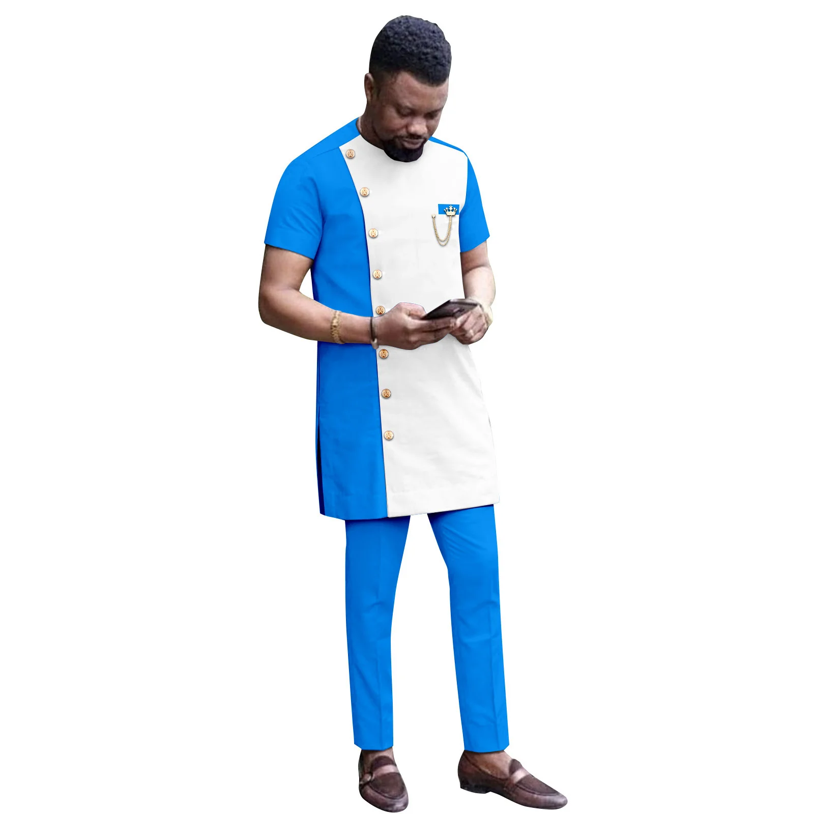 

2024 New in African Men Suit Solid Color Button Jacket and Suit Pants 2 Piece Set Wedding Business Setting Men Sets