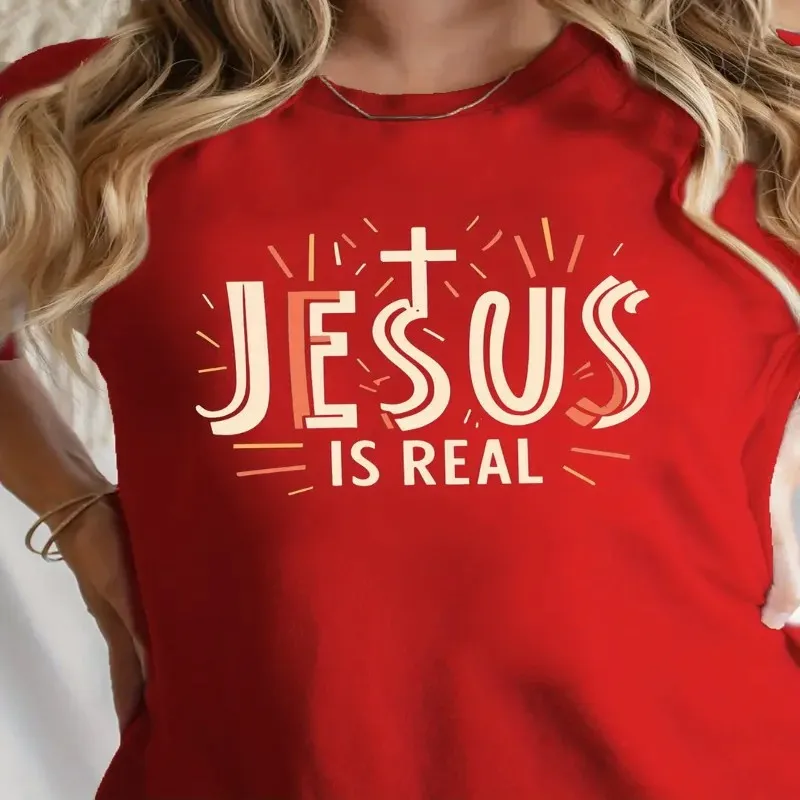 

Female Jesus is Real Women T-Shirt Comfort Fit Black Colorful Lettering Cross Design Casual Round Neck Tee Street Style Y2k
