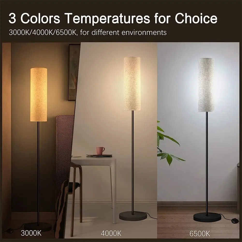 LED Floor Lamp With 3 Color E27 Light Bulb Dimmable Reading Light Linen Lampshade Lamp For Bedroom Living Room Office