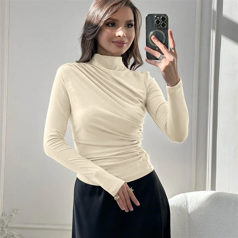 

European Sle Long Sve Sexy Tirt Standup Collar Women's Top Ele Pure Color Dstring Other Material00% Spring 205
