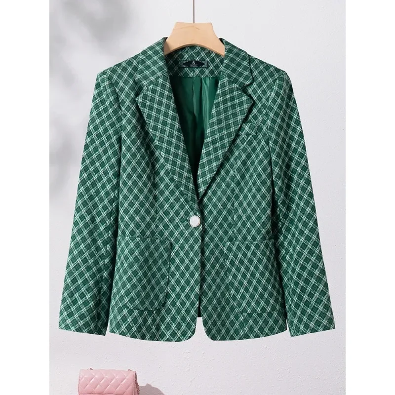 Giacca da donna Blazer da donna scozzese grigio verde giacca da donna a maniche lunghe con bottone singolo Casual autunno inverno con tasca