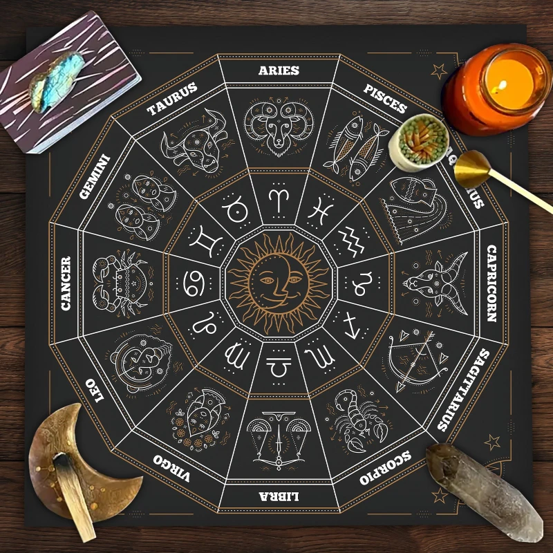 Sun Moon Zodiac Wheel Year Tarot Altar Cloth Divination Spread Mat Witchcraft Astrology Wiccan Home Decor