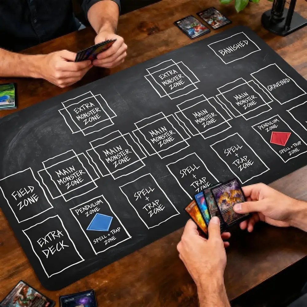 Black Chalkboard Zoned Playmat 35X60 Hand Drawn Sketch Large Desk Mat Non-Slip Rubber Trading Card Game Pad for TCG Gaming Decor