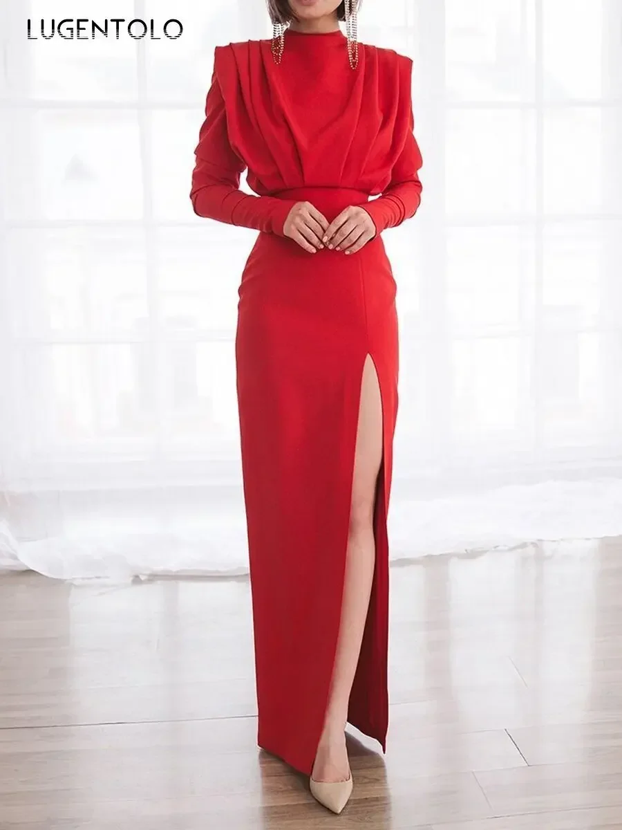 Sexy Dress Women Party Long Sleeve Solid Round Neck Slim Female Elegant Split Fork Empire Clothing Lugentolo