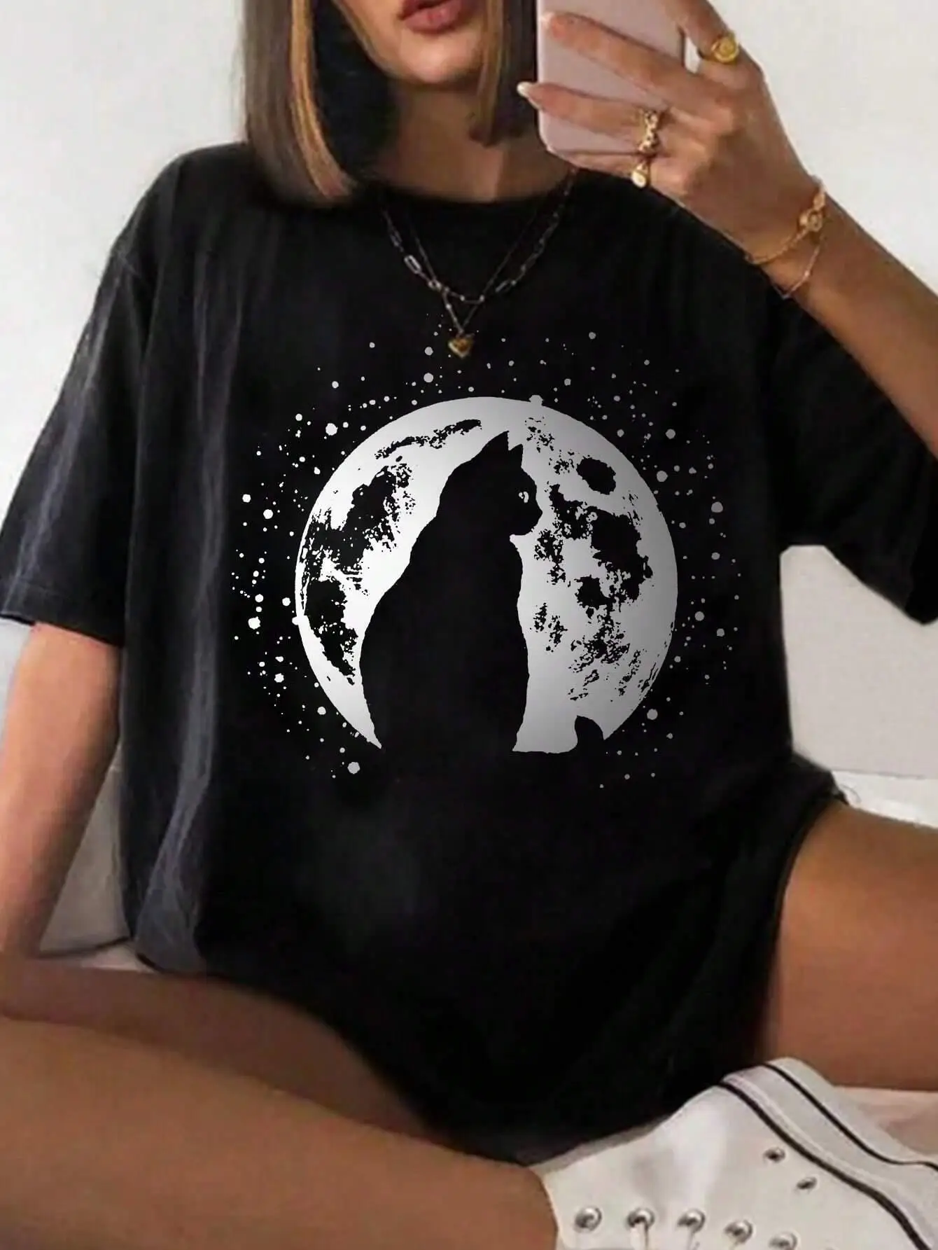 100% القطن المرأة تي شيرت القمر والقط الصور الظلية تي شيرت مطبوع قميص الصيف مريحة فضفاضة بلايز الشارع موضة الملابس النسائية #1