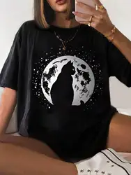 100% Cotton Women T-shirt Moon and Cat Silhouettes Printed Tee Shirt Summer Comfortable Loose Tops Street Fashion Female Clothes
