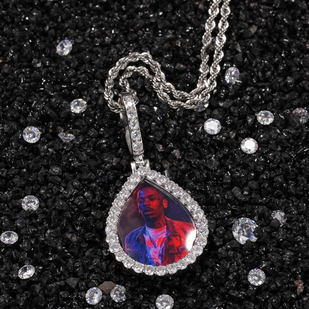 

LeeChee Water Drop Shape Custom Photo Necklace Zircon Crystal Pendant Personalized Hiphop Picture Jewelry Gift For Men