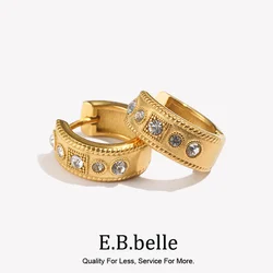 E.B.belle Fried Twists Edged Rhinestone Hoop Earrings 18K Gold Plated Jewelry 316L Stainless Steel Accessories