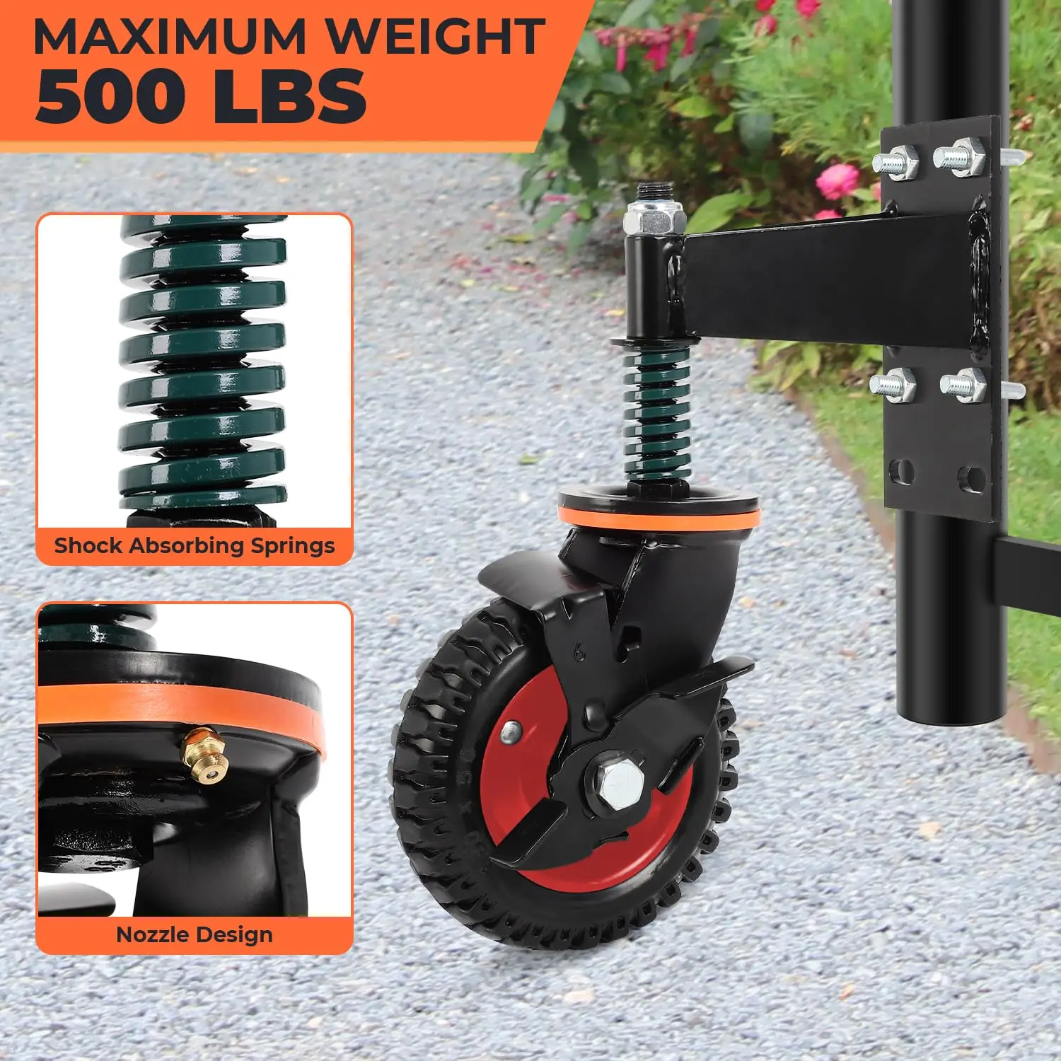 2 Pack Gate Wheel 6inch Fence Gate Wheels with Brake, for Metal Tube/Wooden Gate 360 Degree Rotation Spring Loaded 500Lb