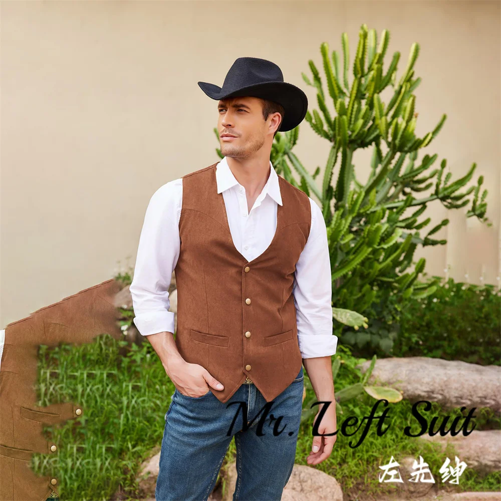 Men\'s Suede Leather Vest Casual Western Steampunk Vest Jacket Slim Fit Waistcoat  For Wedding Party Banquet Work Men Suit Vest