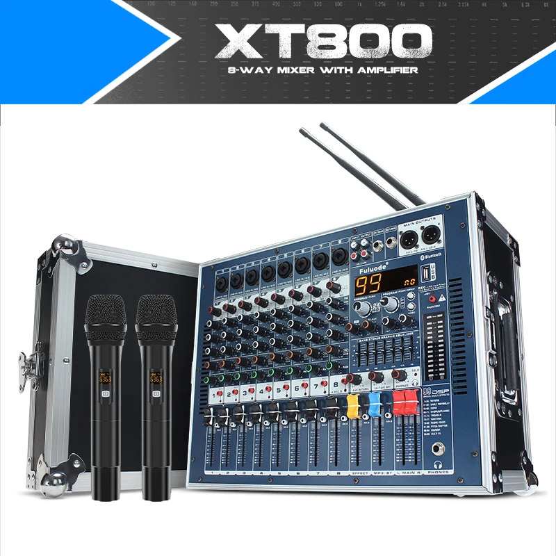 Professional 8-way mixer with power amplifier high power professional stage sound package with wireless microphone and Bluetooth