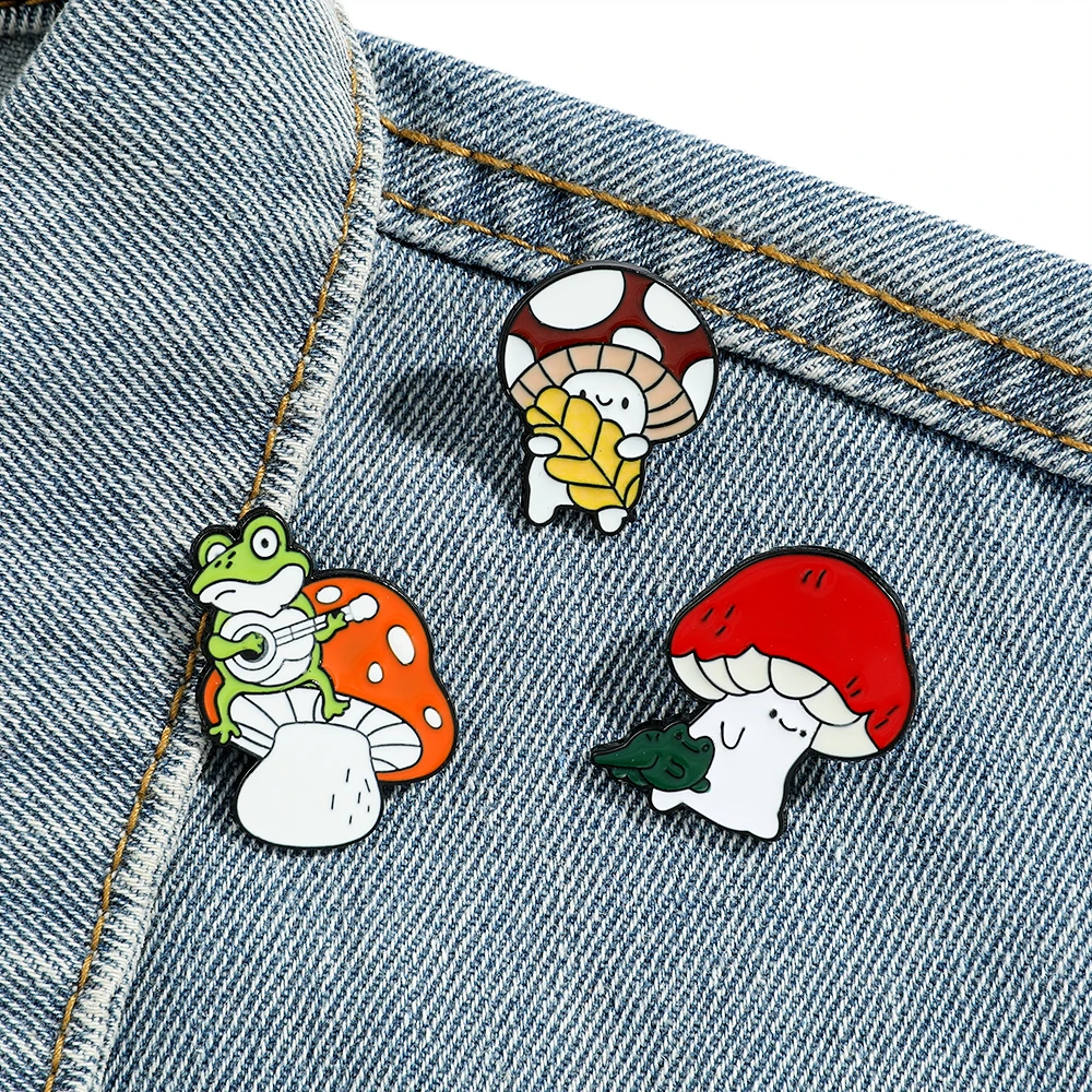 3 Pcs Cartoon Mushroom Brooch Cute Frog Guitar Enamel Pin Fashion Animal Metal Badge Jewelry Backpack Clothing Accessories