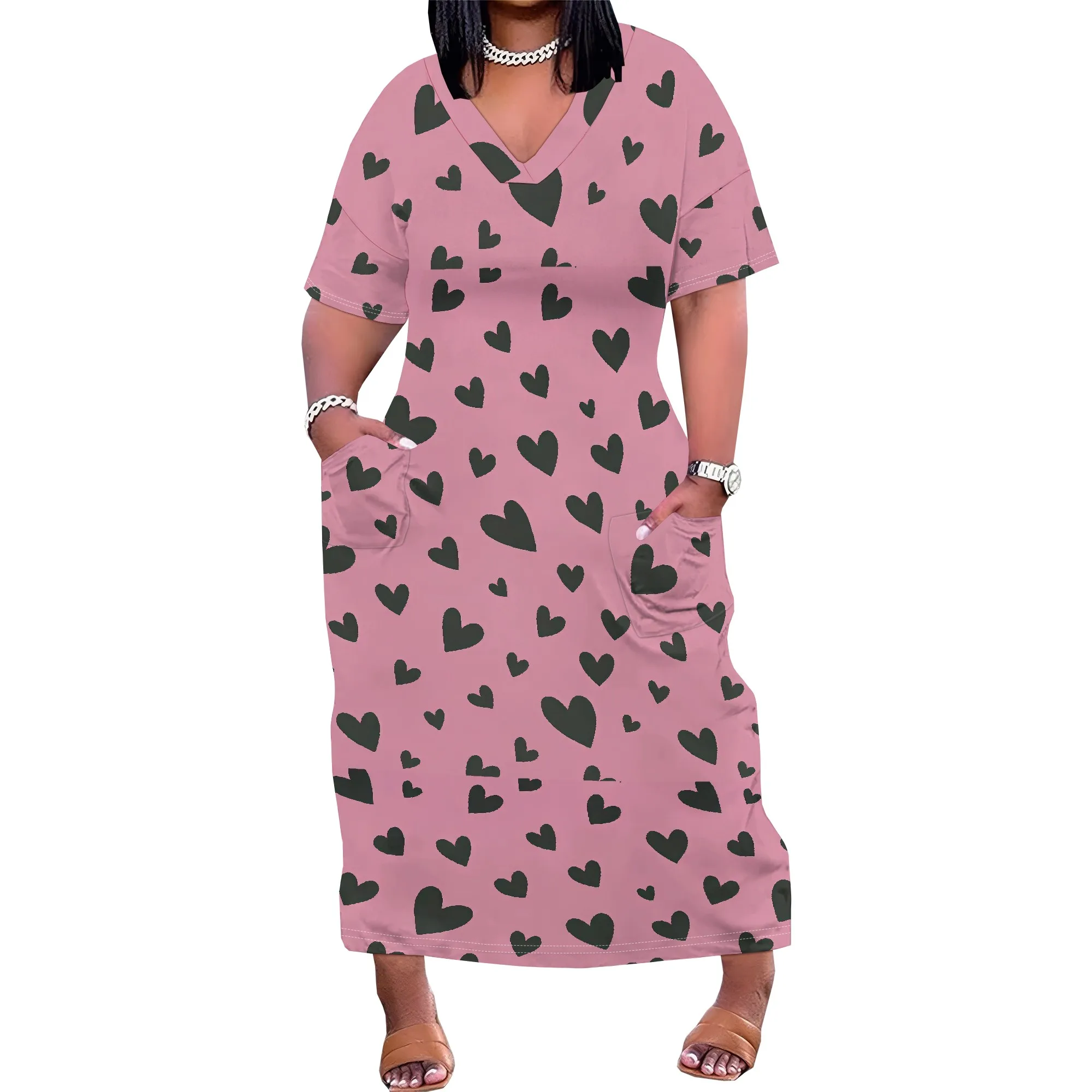 

Women's Plus Size African Print Dresses Casual Loose Pocket Short Sleeve Long Maxi Dress