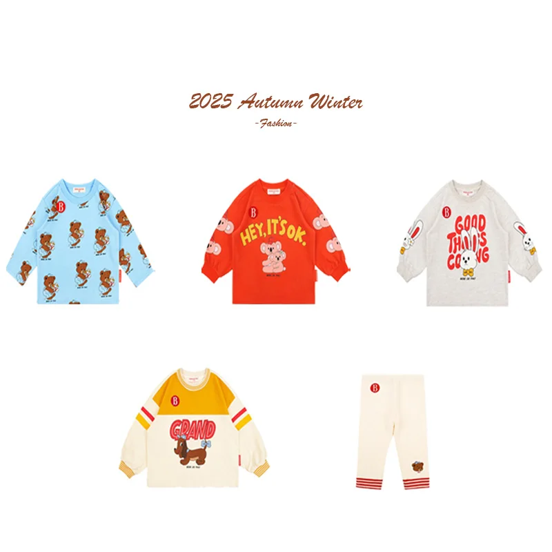 

Korean Style 2025 Brand Inspired Kids Long Sleeve T Shirt Cartoon Print Leggings Girls Boys Cotton Tee Leggs