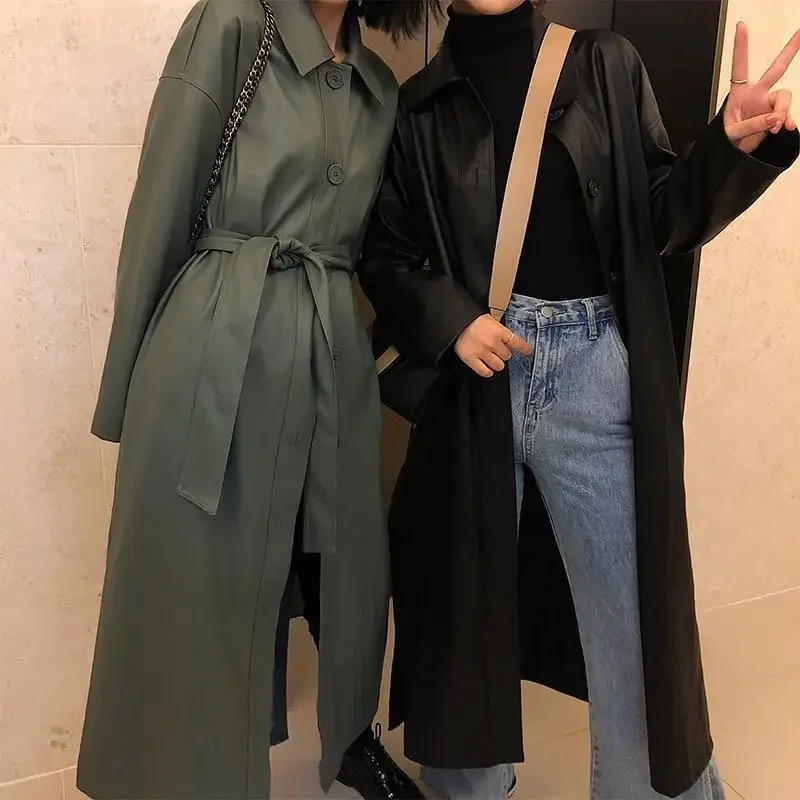 New Korean PU Trench Women Fashion Loose Thin Long Sleeved Coats Woman Autumn Long Leather Jacket