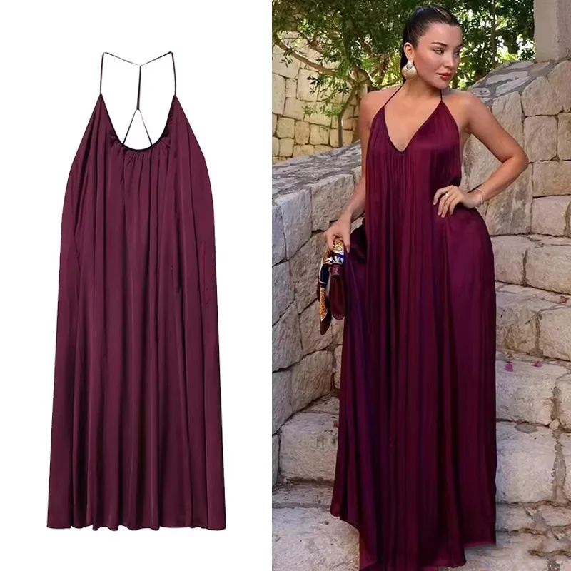 Satin Elegant Dress Woman 2025 Sleeveless Halter Neck Women's Party Dresses Summer Backless Sexy Evening Dress
