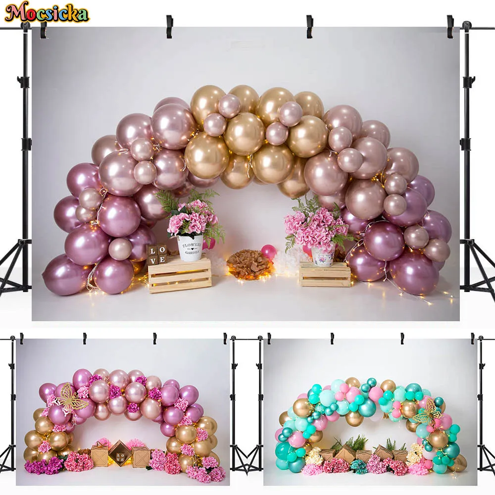 

Mocsicka Arch Balloon Girl 1st Birthday Cake Smash Photography Backdrops Flowers Newborn Photo Background Studio Photocall Props