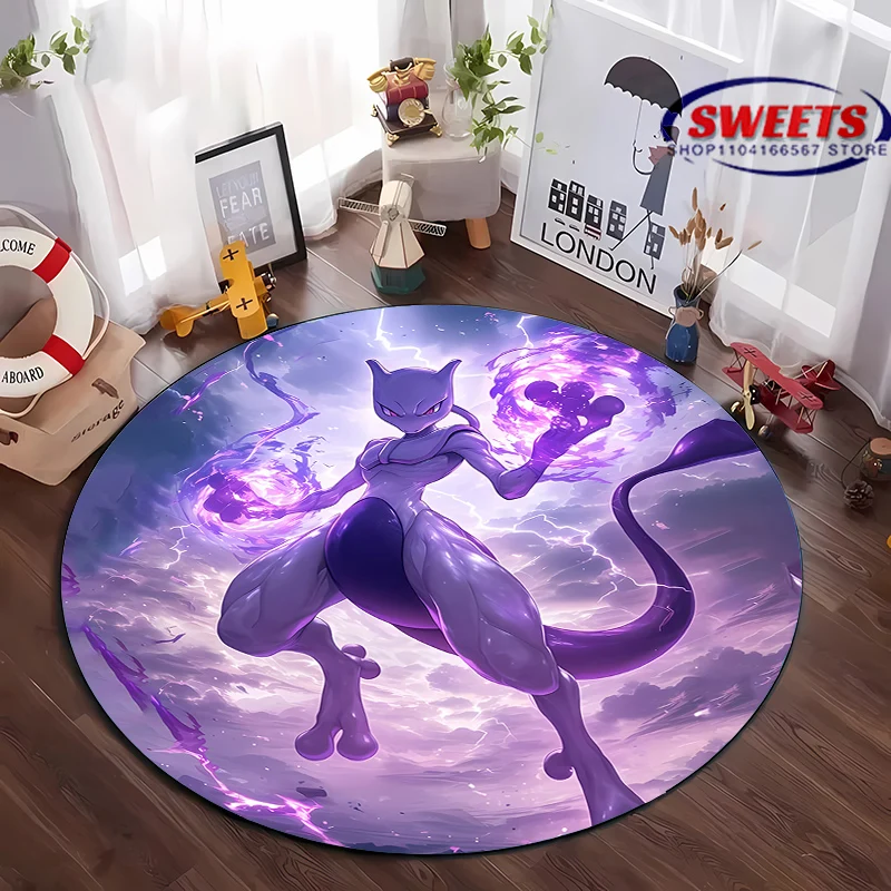 New Arrival! Miniso Pokemon Mewtwo Round Carpet,Anime Rug Non-Slip Play Mat,Rug for Living Room Bedroom Kids Room Round Mat Gift