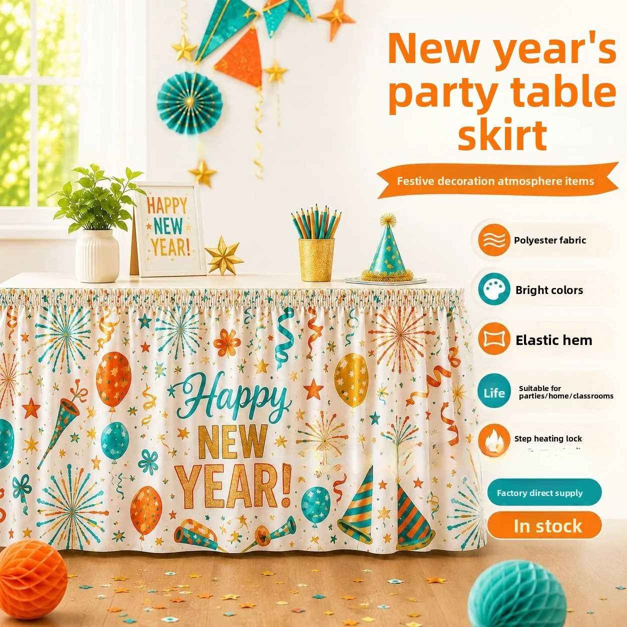 New Year's Party Table Skirt Polyester Print  Table Apron Home Party Holiday Arrangement