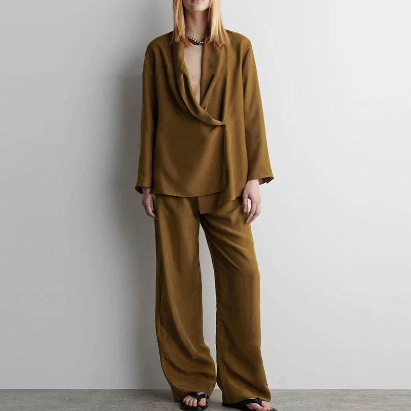 새틴 솔리드 하이웨이스트 출퇴근 정장 우아하고 편안한 가을 투피스 세트 패션 브이넥 긴팔 상의와 바지 세트