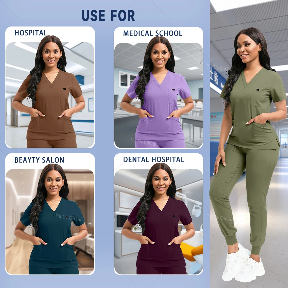 Uniformes de enfermería elásticos para mujer, conjunto clínico, ropa de trabajo a prueba de polvo, Top médico y pantalones de correr