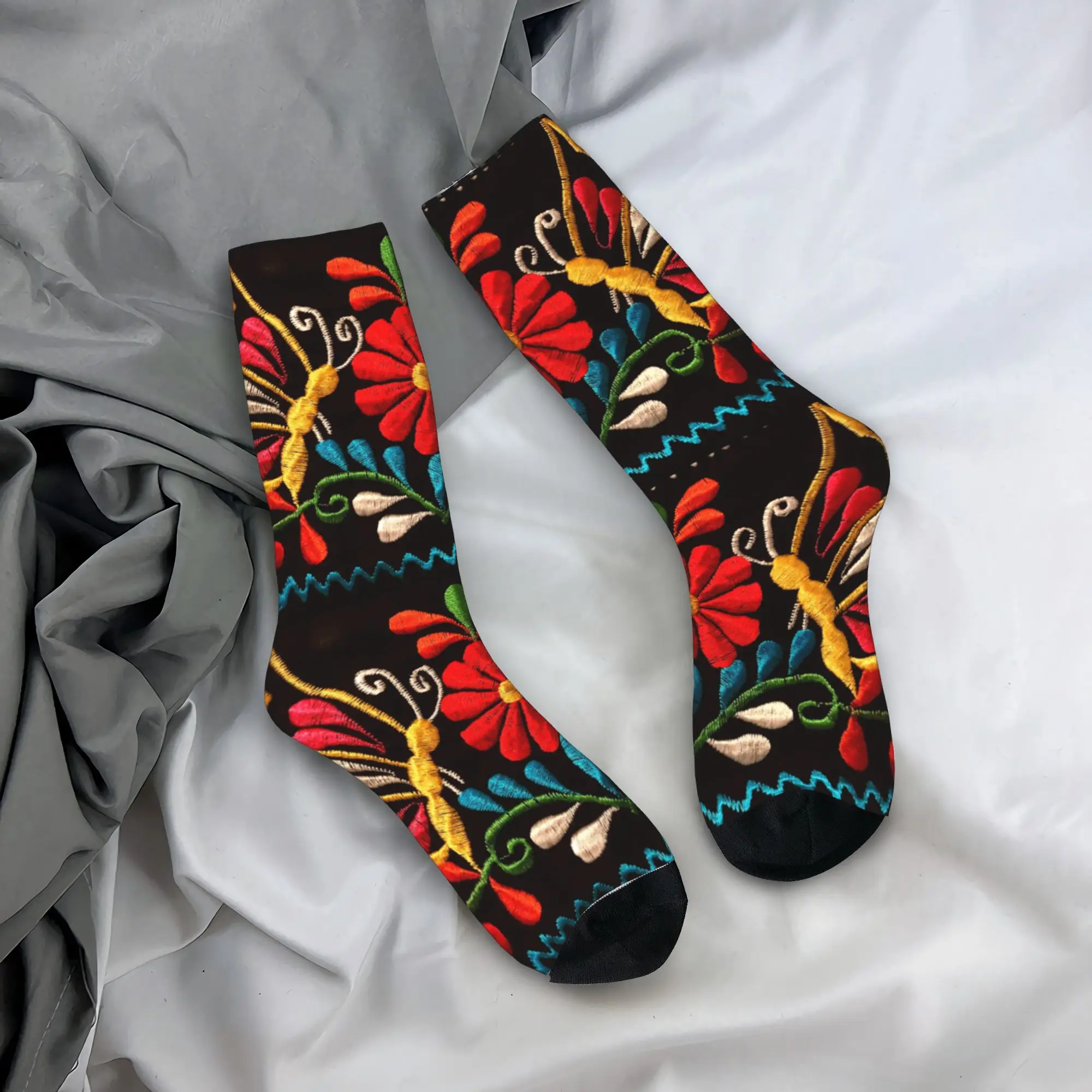 

Custom Cool Mens Mexican Butterflies And Flower Pattern Dress Socks Comfortable Warm 3D Printing Otomi Embroidery Art Crew Socks