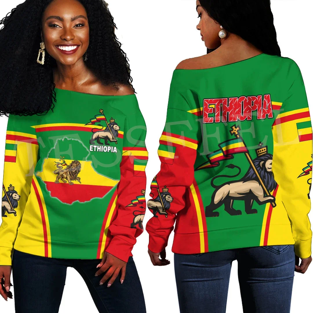 NewFashion Africa Paese Etiopia Bandiera Retro Tribe Off Spalla Felpa Maniche Lunghe 3DPrint Harajuku Delle Donne Divertente Casual AG7