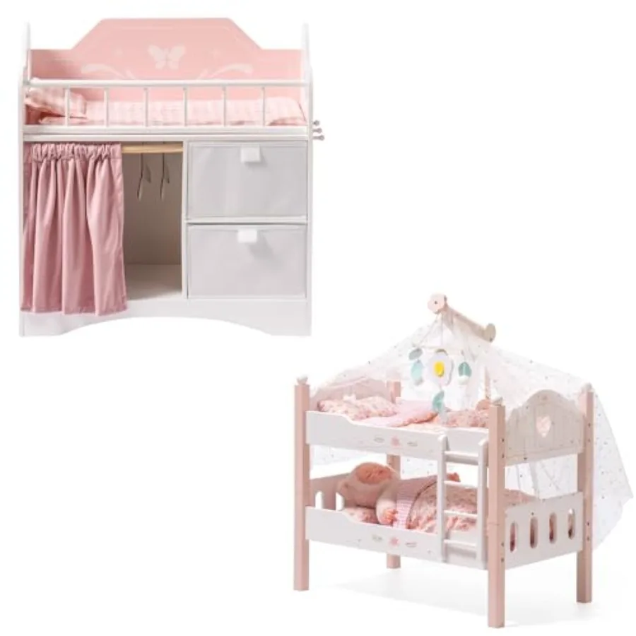 

Baby Doll Crib and Bunk Beds Set, Wooden Doll Furniture with Storage, Bedding, and Stackable Crib Toy for 18-21 Inch Dolls, Fit