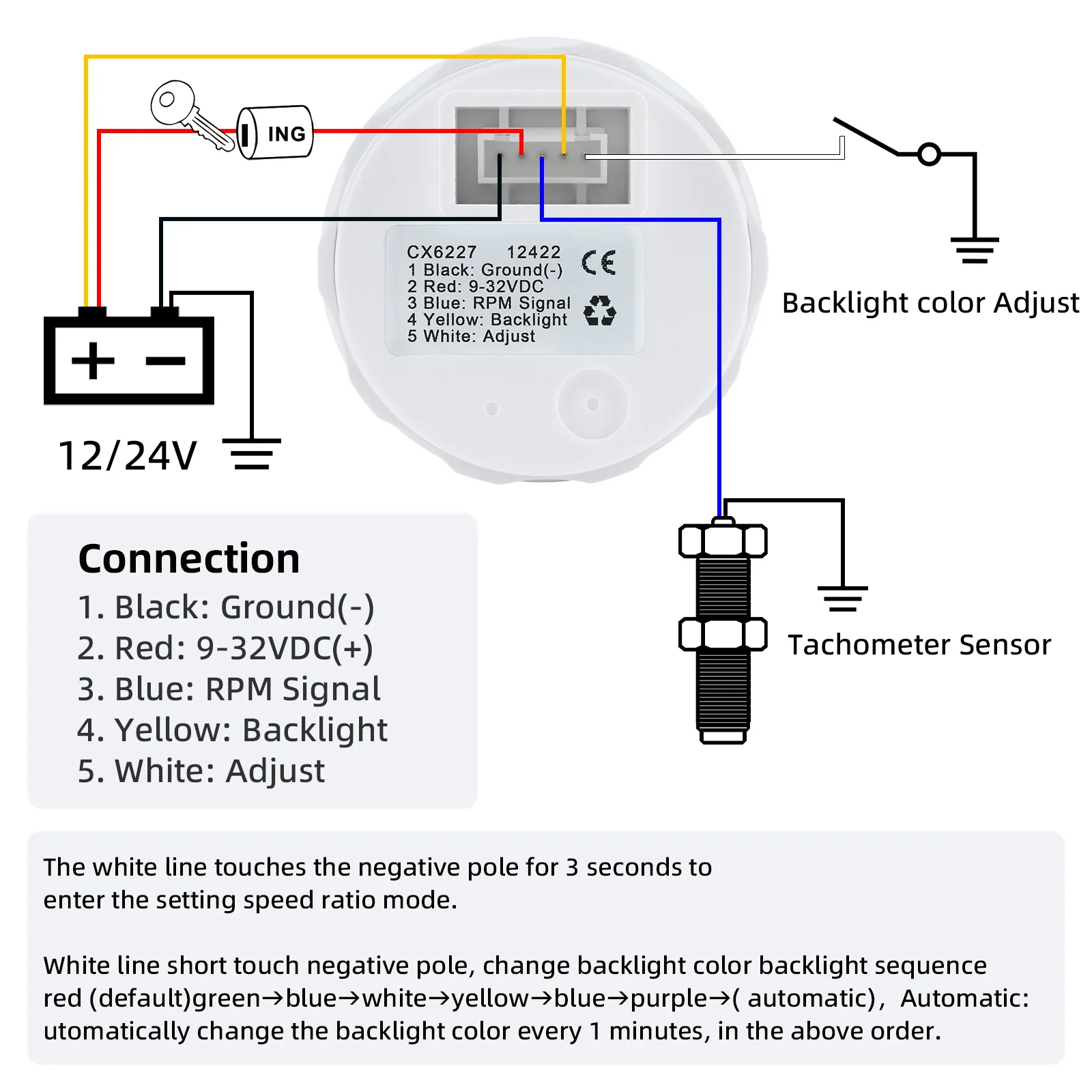 3000/4000/6000/7000/8000 U/min 52mm Drehzahlmesser Tacho-Anzeige mit 7-Farben-Hintergrundbeleuchtung Drehzahlsensor für Benzin- und Diesel-Fahrzeuge sowie Boote – Detail 7
