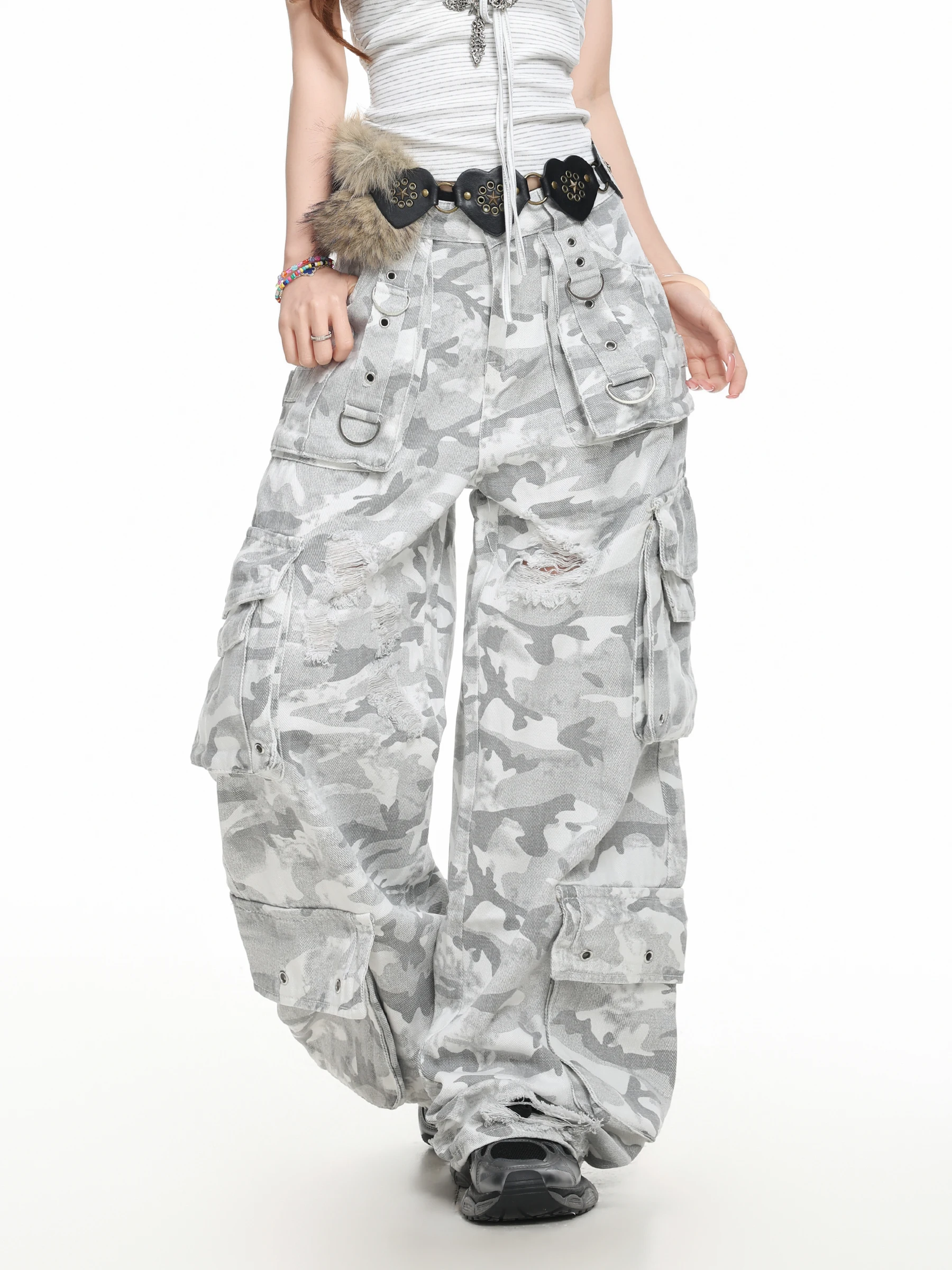American Style Camouflage Hole Punch Multi-Pocket Work Pants Women Loose Straight Leg Wide Leg Casual Pants Breathable Summer...