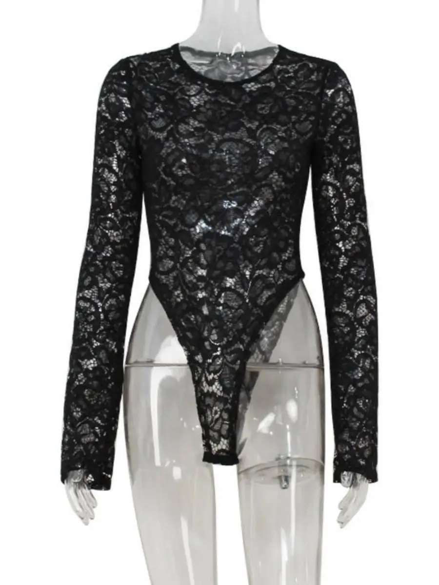 Sexy dentelle broderie transparent longue Sve femmes Onesie Faionable taille haute pantalon mince Polyester tissu été 2025