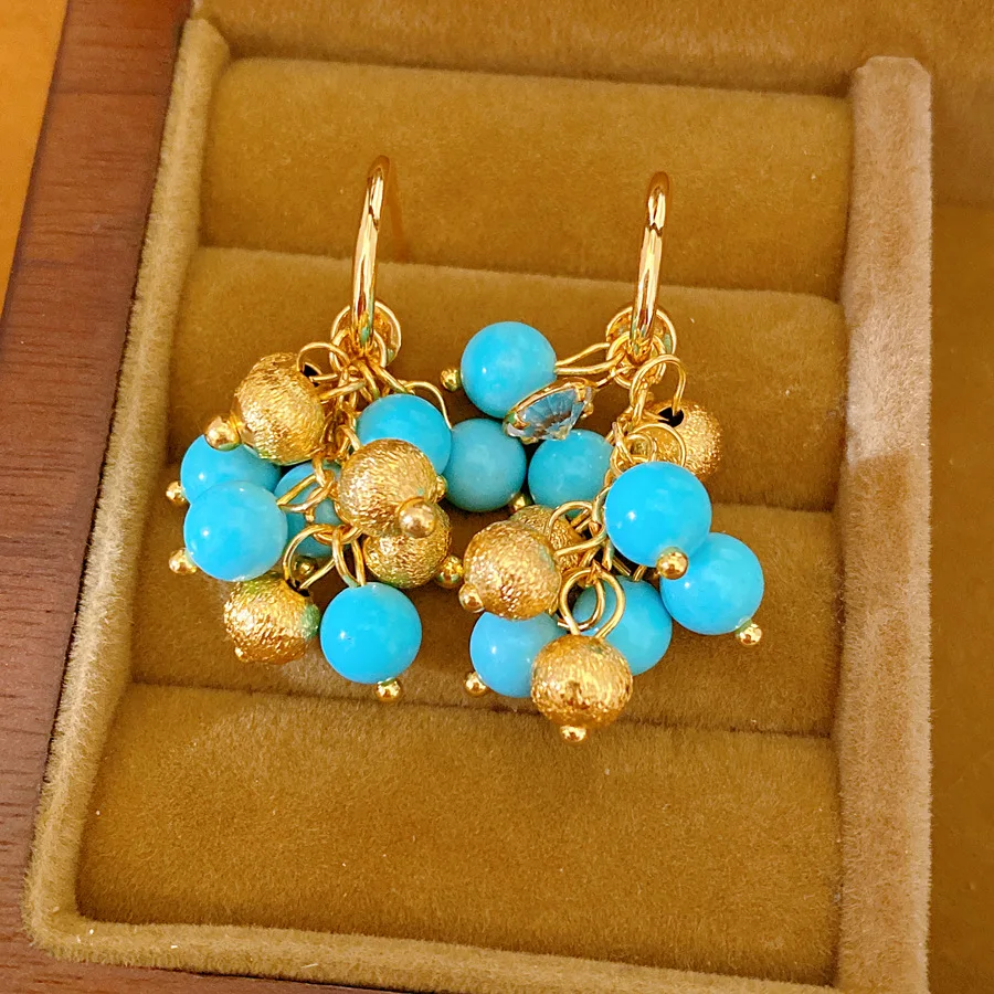 18k Gold Plated Round Ball Tassel Dangle Earrings Turquoise Color Grape Cluster Dangle Earrings Women Retro Vacation Jewelry N