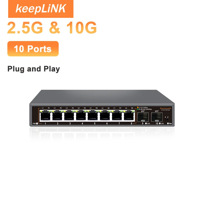 Bullscom 10-Port Network Switch | 8 x 2.5Gb Ethernet + 2 x 10Gb SFP+ | Unmanaged | Plug & Play | High-Speed Connectivity