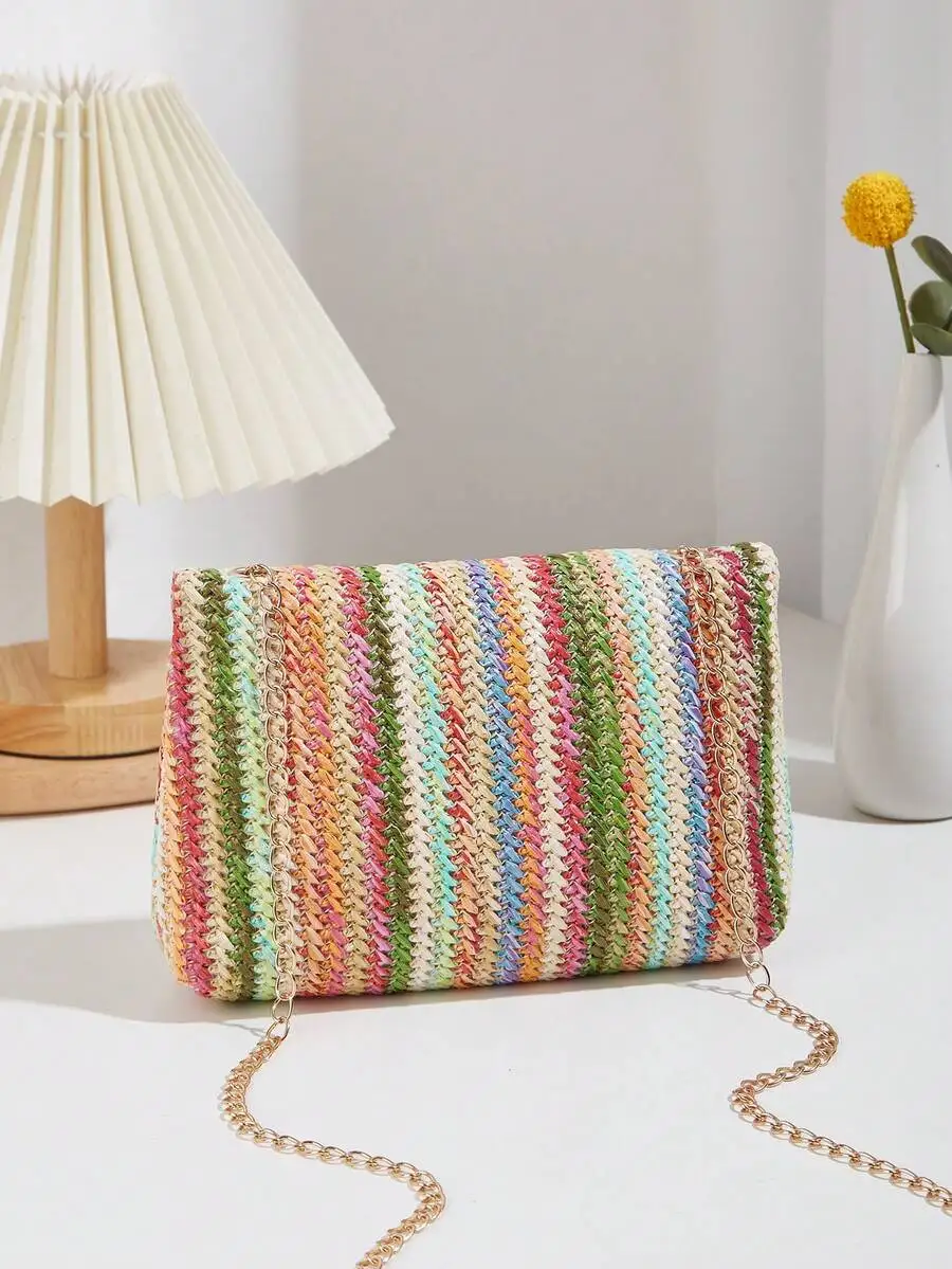 

Multicolor Diagonal Woven Square Crossbody Bag With Gold Chain Strap And Magnetic Snap Closure