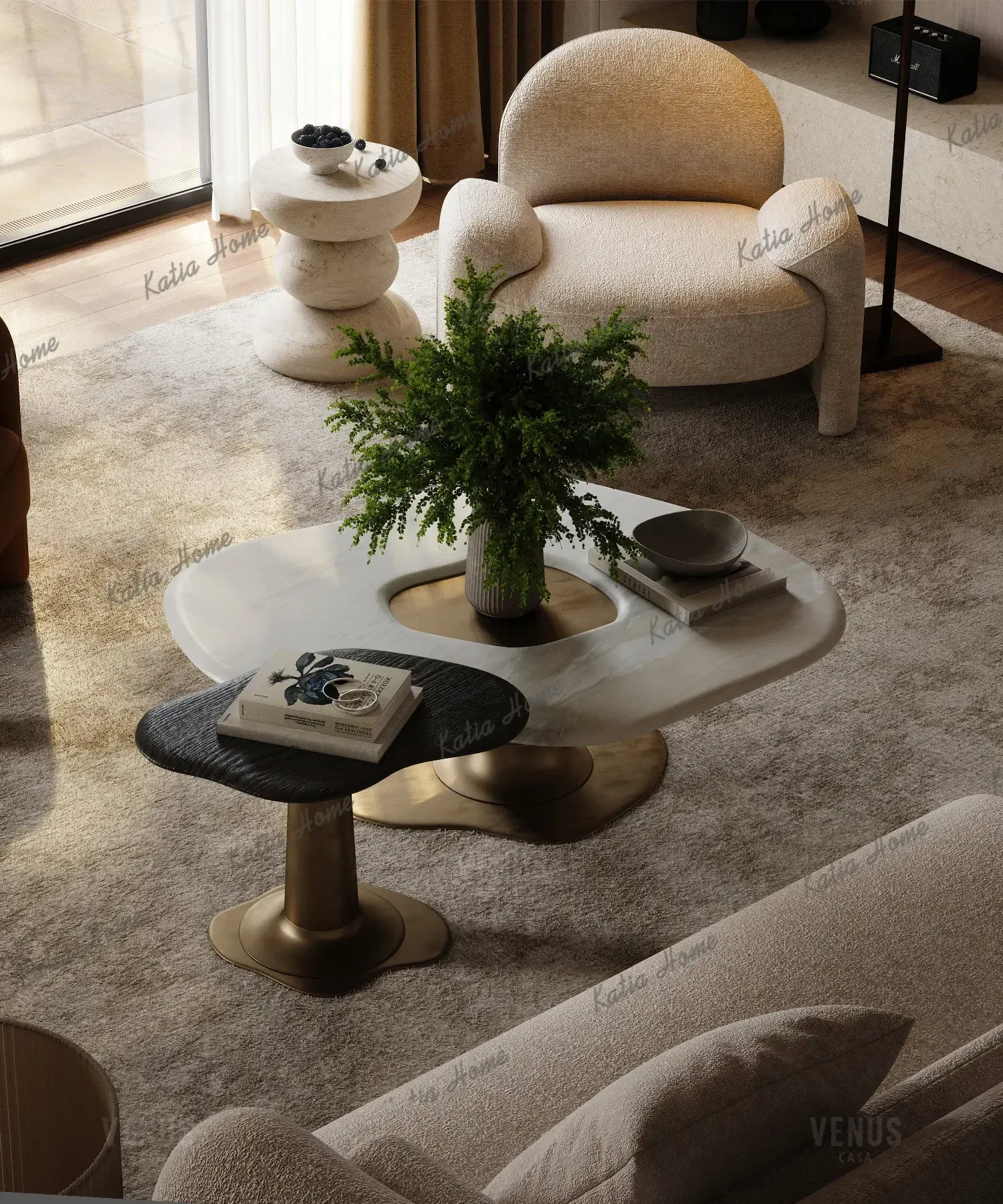 YJ VENUSCASA Designer Retro Coffee Table, Mid-Century Living Room Series Natural Marble Tea Table