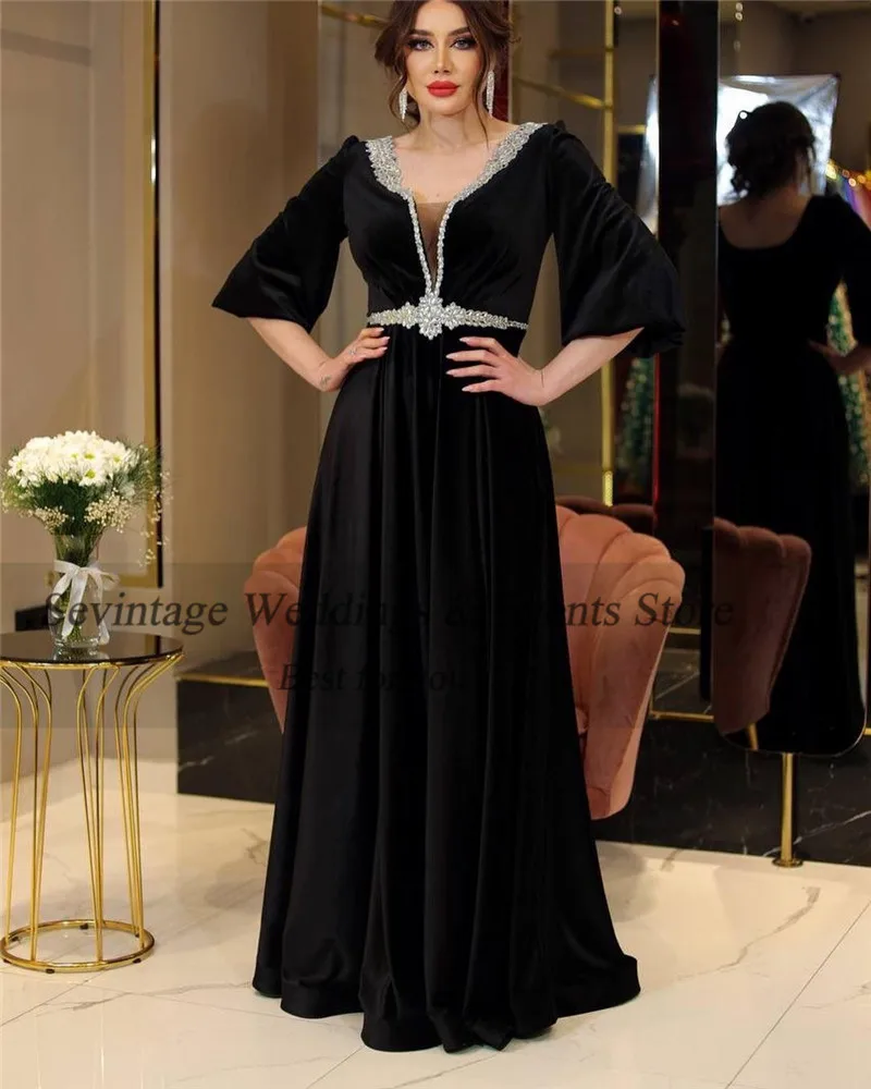 Sevintage Elegant Arabic Velvet Evening Dress V-Neck Half Sleeves Sequineds Belt Ruched Prom Gown Floor Length Algerian Outfit