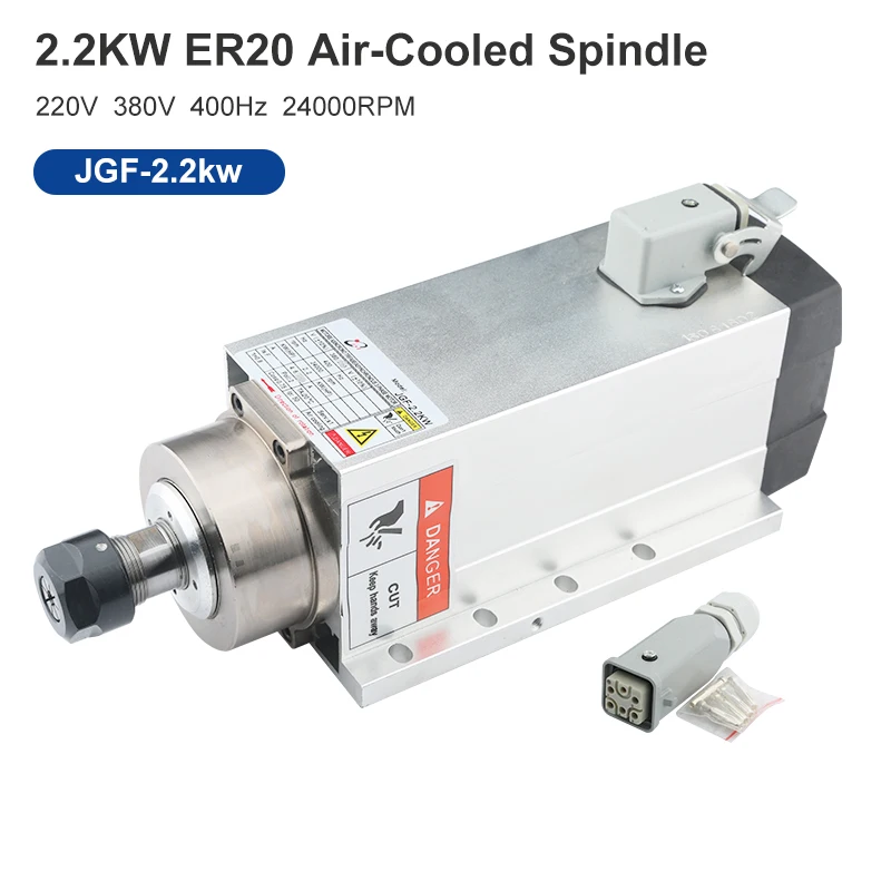 

CNC 2.2kw ER20 Air-Cooled Spindle Motor 220V 380V Square With Flange 4 Bearings For CNC Router Carving Locomotive Bed