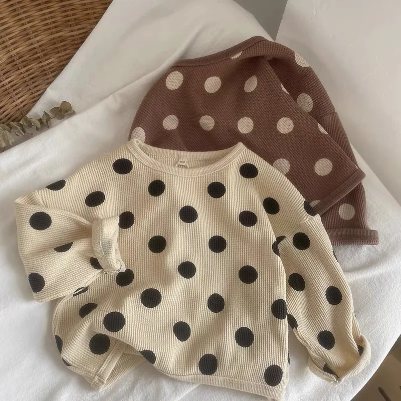 

ins New Baby Kids Polka Dot Waffle Long-sleeved T-shirt Tops for Children's Autumn Clothing Girls Boys Shirts
