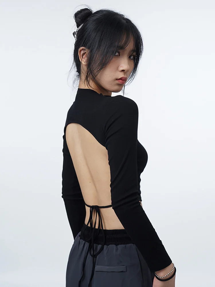 Women's White Open Back Long Sleeve T-shirt Sexy Harajuku Style Cropped Top Casual Summer Fashion 2026