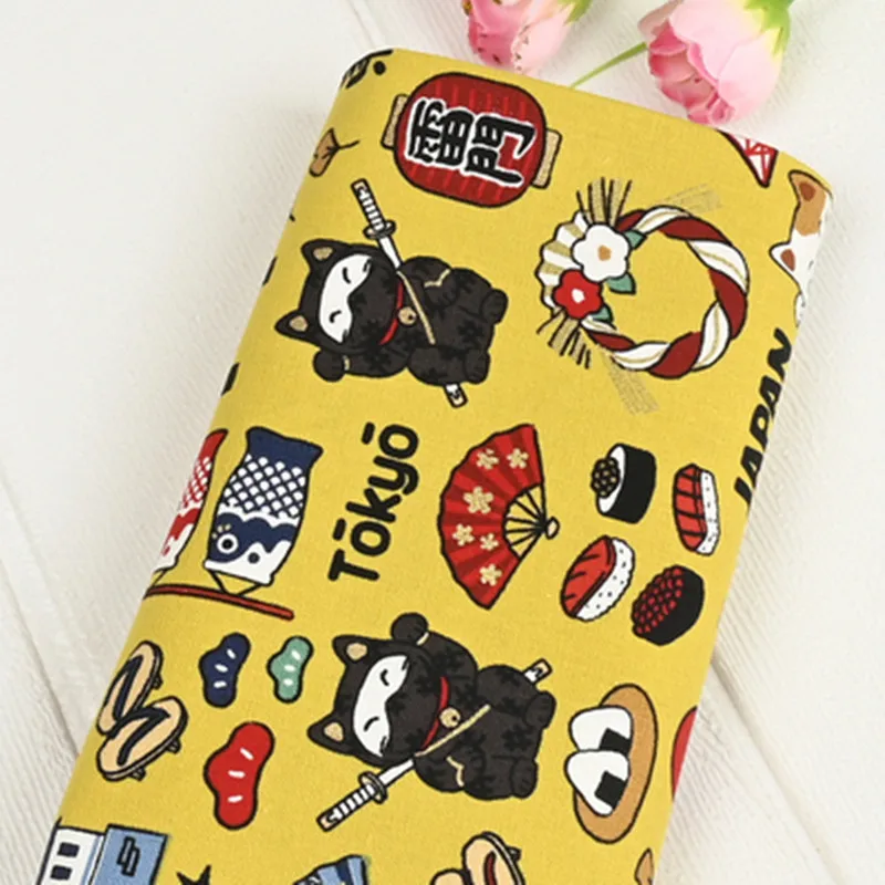 Half Yard Thicken Cotton Fabric With Japanese Soft Breeze Fortune Cat Print, Handmade DIY Bag Sewing Tissue 100% Cotton CR-1494