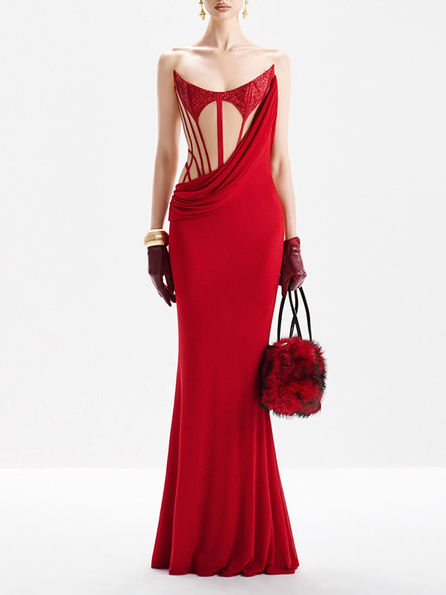 

Новое женское однотонное сексуальное платье, прозрачная туника без бретелек с пайетками, длинное женское платье без рукавов с лоскутными складками