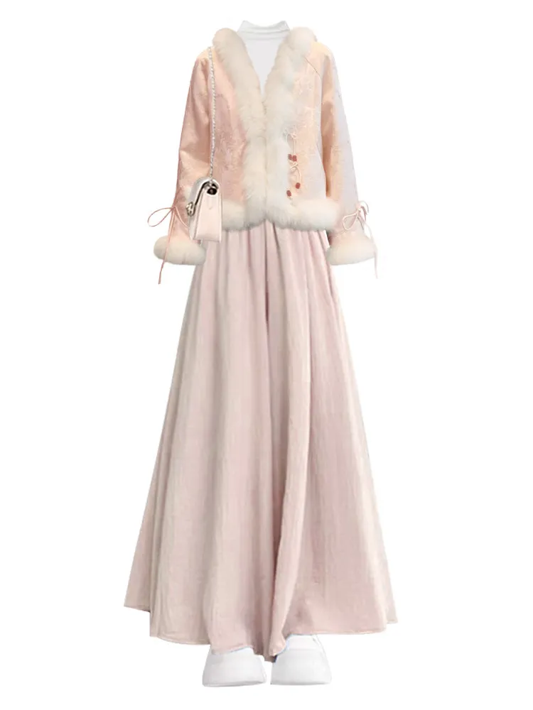 ชุดเสื้อผ้าผู้หญิงสำหรับฤดูหนาว ผ้าเนื้อนุ่ม สไตล์หวาน ปกปิดหุ่น แฟชั่นลำลอง ชุดกระโปรงลำลอง