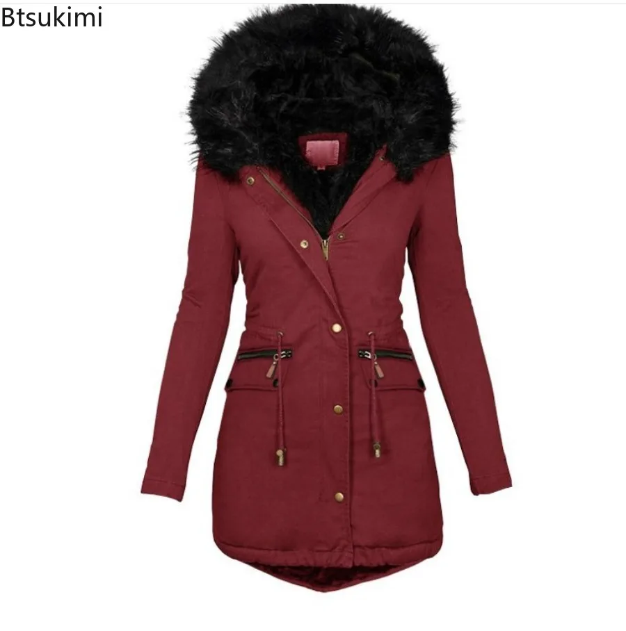 Women's Autumn Winter Thicken Solid Faux Fur Collar Hooded Parka Coat Mid Length Windproof Warm Zipper Slim Cotton Jackets Women