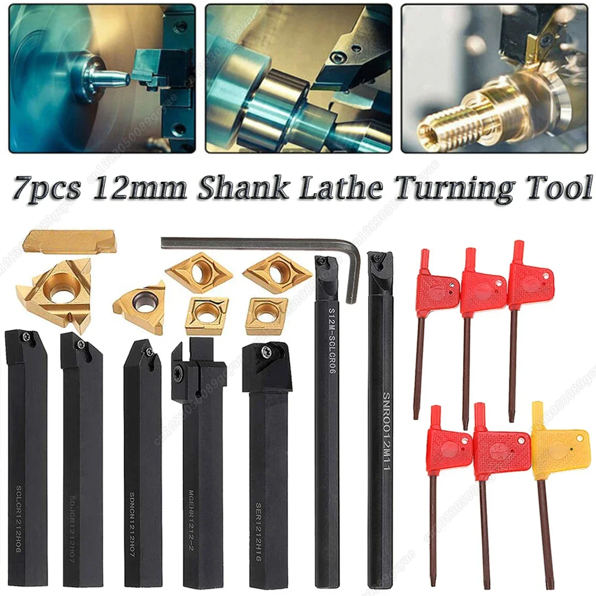 

7Pcs 12mm Shank Metal Lathe Tools 45HRC Lathe Boring Bar Turning Tool Holder Set With Carbide Inserts Machining For Semi-finish