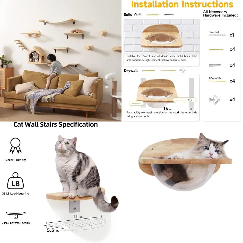 

Прозрачный настенный комплект мебели для кошек с двумя педалями — идеально подходит для сна, игр, скалолазания и отдыха, поддерживает до