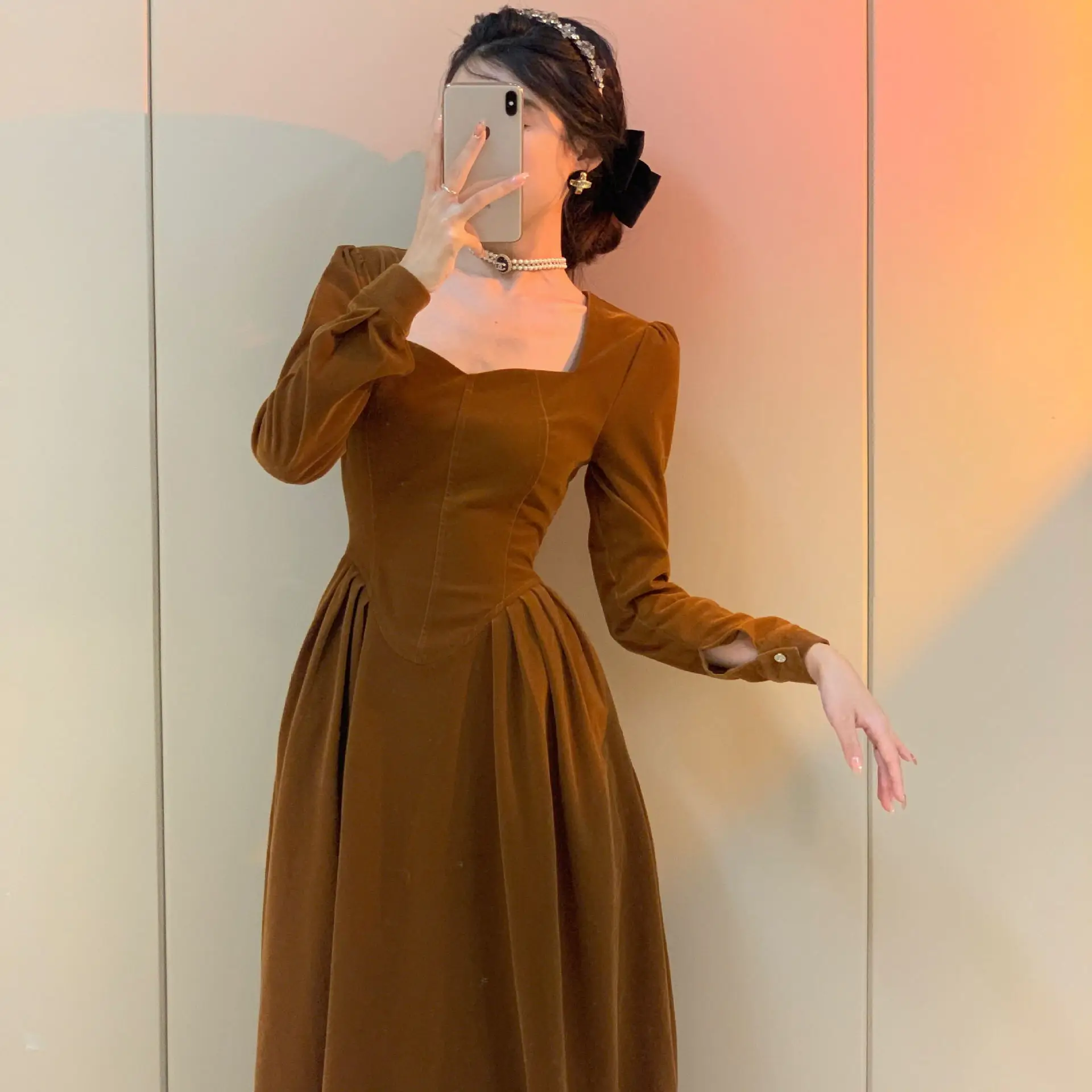 

Hepburn Style Corduroy Dresses Women Spring Summer Retro French Square Collar SlimTemperament Long Solid A-line High Waist Lady