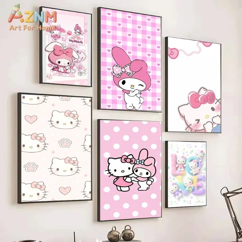 My Melody Hello Kitty Canvas Poster Cute Sanrio Cartoon Print Unframed Canvas Art Pink Heart Polka Dot Sweet Aesthetic Wall