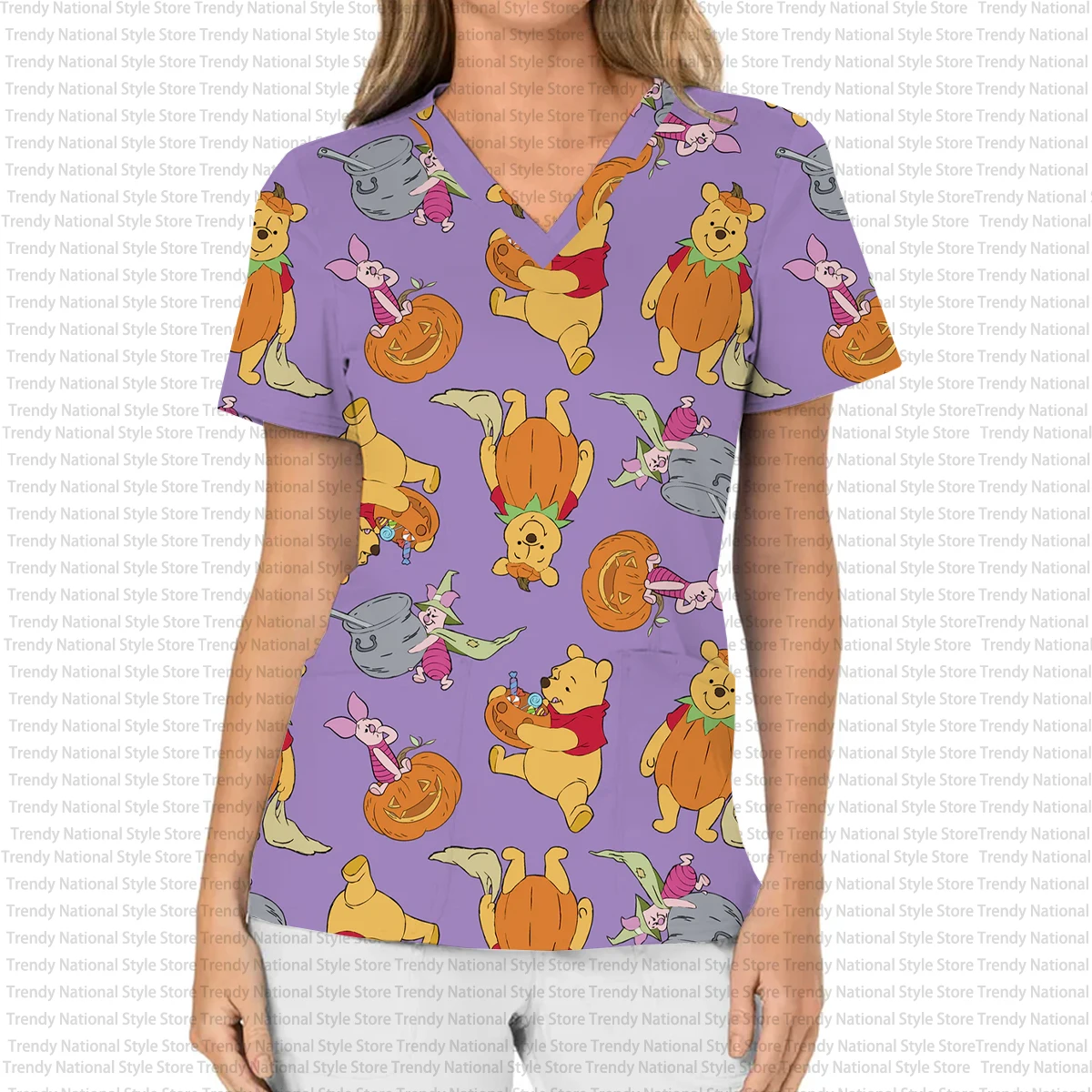 夏のファッションエレガントなディズニーくまのプーさん漫画プリント女性の作業服つや消しトップ V ネックポケット半袖 Tシャツ